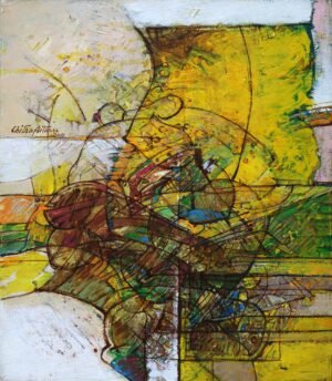 Chitra Pritam Abstract Yellow Painting 14x16 2011 oil on canvas, available, original abstract expressionist artwork with vibrant yellow green brown tones, signed 2011, Pakistani contemporary art