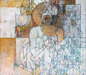 Chitra Pritam Buddha Abstract Painting 14x16 oil on canvas, available, original geometric abstract Buddha artwork with halo white robes mosaic blue lines, textured earth tones, signed 2006, Pakistani contemporary spiritual art