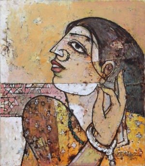Chitra Pritam Contemplative Woman Portrait 14x16 oil on canvas, available, original expressionist portrait of woman in profile with hand near ear wearing yellow sari nose ring, textured ochre background, signed 2014, Pakistani figurative art