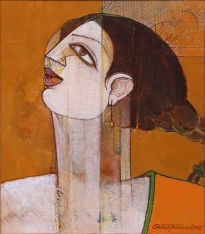 Chitra Pritam Expressionist Woman Face Painting 14x16 2009 oil on canvas, available, original portrait of woman with geometric face long neck braid ochre background, signed 2009, Pakistani expressionist art