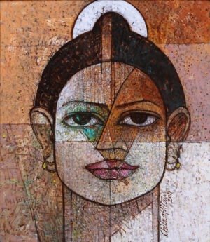 Chitra Pritam Halo Woman Portrait Painting 14x16 2011 oil on canvas, available, original frontal portrait with halo divided face textured earthy background, signed 2011, Pakistani cubist art