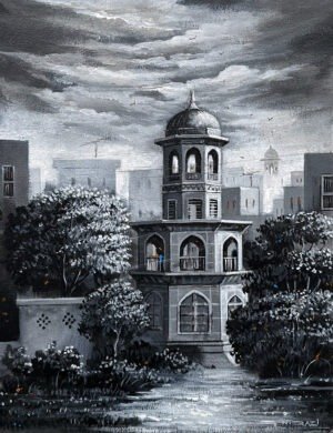 G N Qazi Cityscape Reflections 2025 acrylic on canvas 12x16 inches, monochrome tower reflection cloudy sky city architecture black white painting Pakistani artist