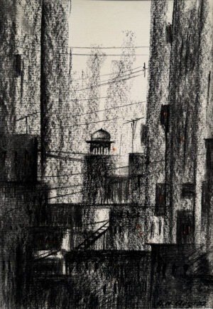 G N Qazi Old City Lane 2025 charcoal on paper 11x16 inches, old city alley dome buildings wires monochrome black white charcoal drawing Pakistani artist