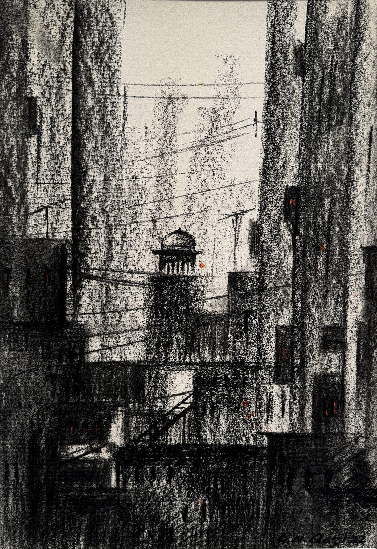 g-n-qazi-old-city-lane-charcoal-paper-11x16-sold G N Qazi Old City Lane 2025 charcoal on paper 11x16 inches, old city alley dome buildings wires monochrome black white charcoal drawing Pakistani artist
