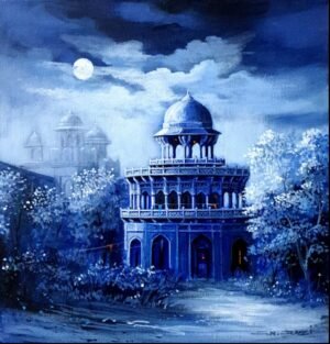 g-n-qazi-urban-serenity-acrylic-canvas-18x18-sold G N Qazi Urban Serenity 2025 acrylic on canvas 18x18 inches, moonlight blue dome mughal architecture night monochrome trees Pakistani artist - Sold