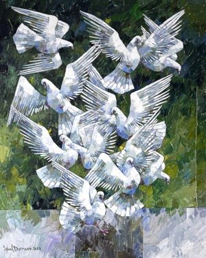 Iqbal Durrani Flock of Doves Large 48x72 in oil knife work, multiple flying textured doves large peace art