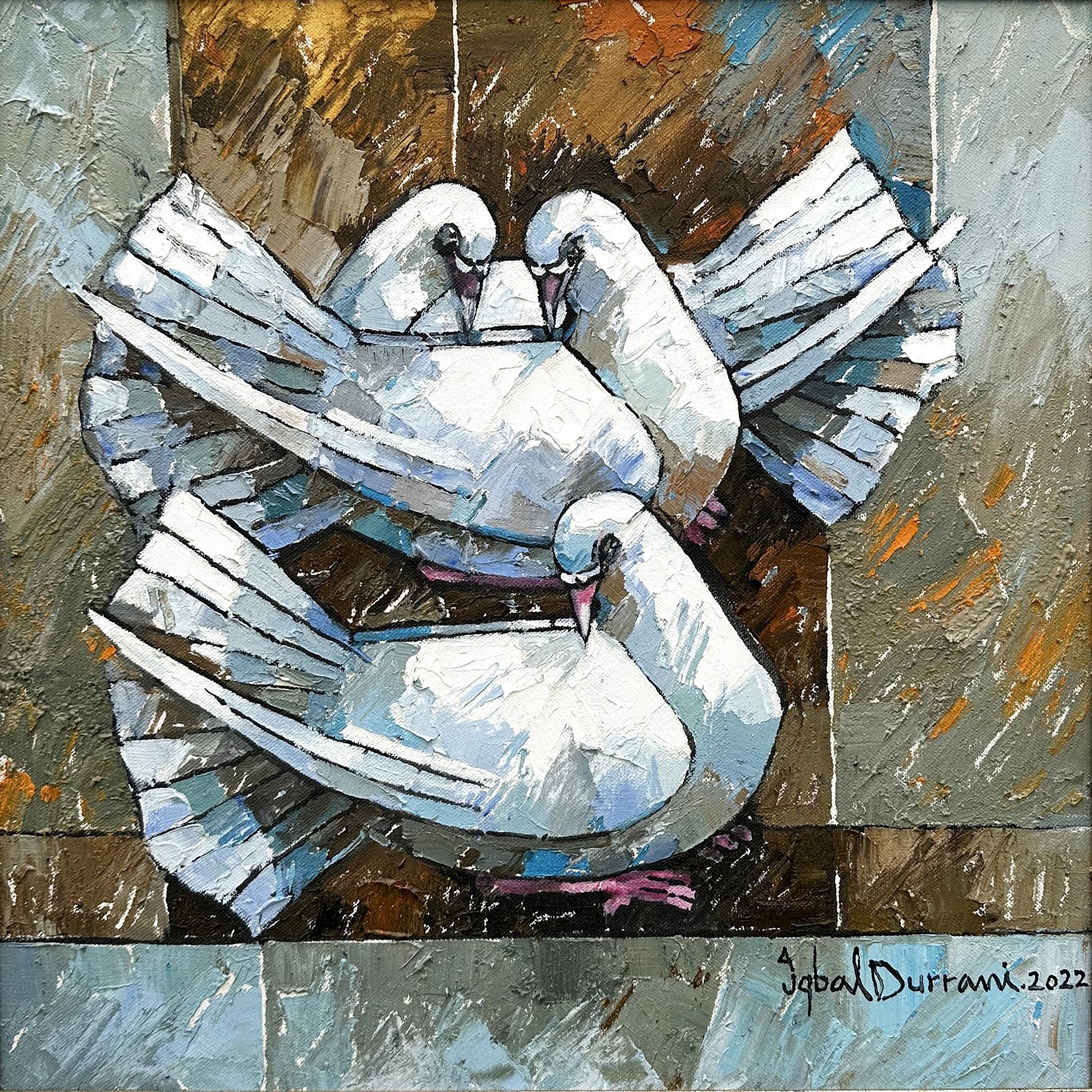 Iqbal Durrani Three Doves Wings 18x18 in oil knife work, textured dove trio peace art painting