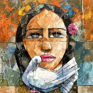 Iqbal Durrani Woman with Dove 18x18 in oil knife work 2024, textured woman pink lips dove portrait