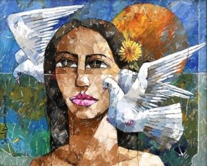Iqbal Durrani Woman with Doves 24x30 in oil knife work, textured portrait woman yellow flower doves peace art