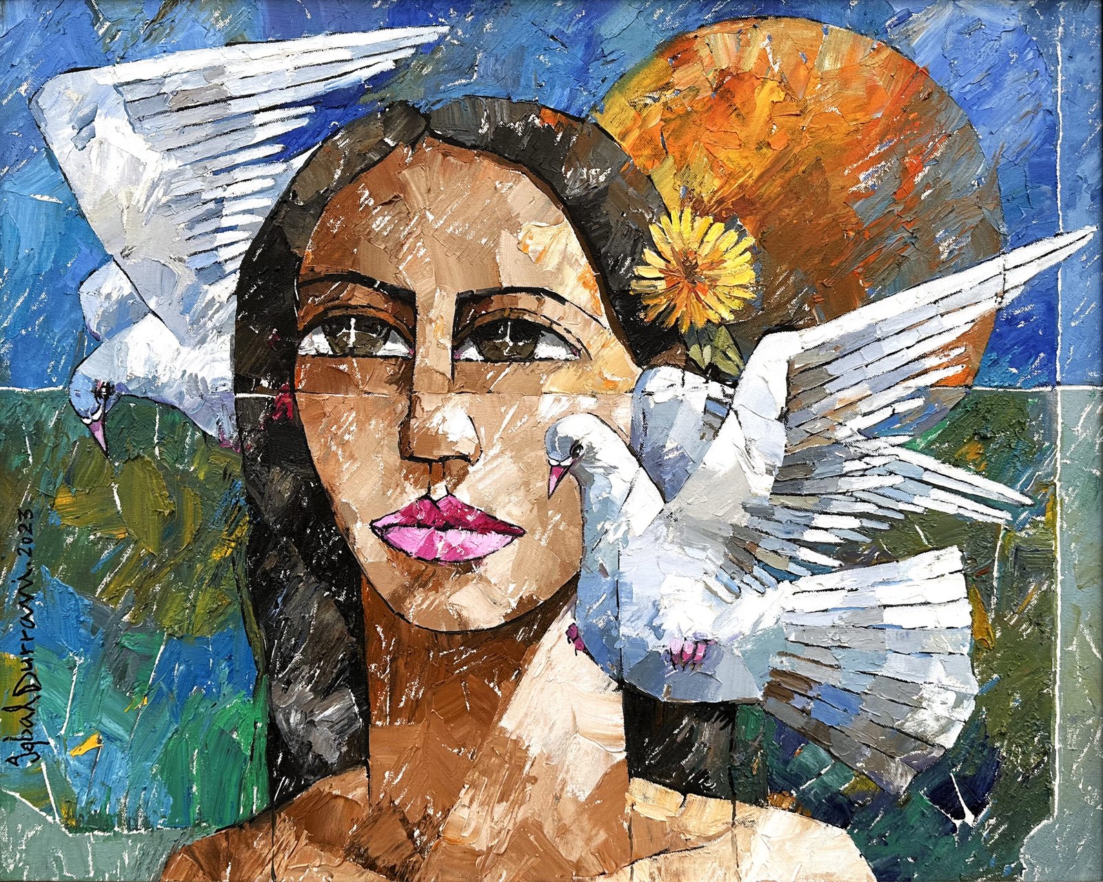 Iqbal Durrani Woman with Doves 24x30 in oil knife work, textured portrait woman yellow flower doves peace art