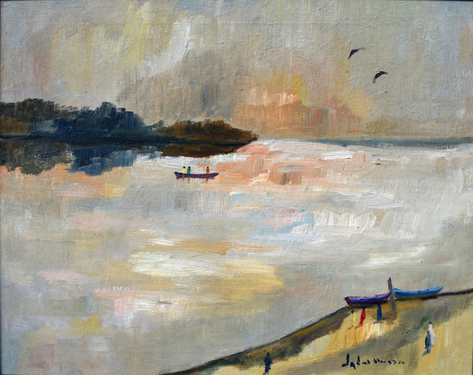 Iqbal Hussain Ravi River Lahore 24x30 in oil on canvas, river landscape boats sunrise Lahore artist
