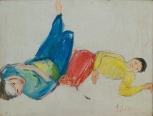 Iqbal Hussain Two Reclining Figures 18x24 in oil on canvas, two figures color study yellow blue red Lahore artist small painting