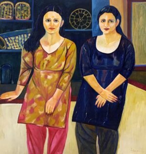 Iqbal Hussain Two Women Interior 54x60 in oil on canvas, two women portrait mustard navy kurta Lahore artist large painting