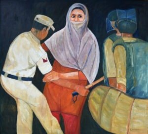 Iqbal Hussain Veiled Woman Scene 54x60 in oil on canvas, woman orange dress veiled figure with guards Lahore artist XL painting
