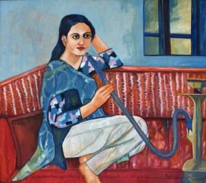 Iqbal Hussain Woman Hookah red sofa 48x54 in oil on canvas, woman with hookah XL painting Lahore artist original