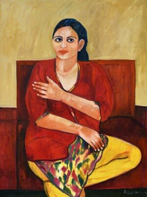 Iqbal Hussain Woman Red 36x48 in oil on canvas, seated woman portrait red kurta yello