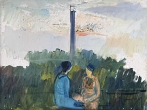 Iqbal Hussain Women Chimney Landscape 18x24 in oil on canvas, two women sitting landscape with chimney tower Lahore artist