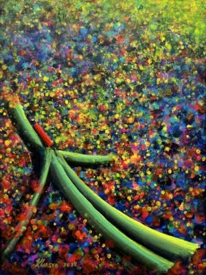 khusro-subzwari-whirling-dervish-oil-canvas-12x16 Khusro Subzwari Whirling Dervish 2021 oil on canvas 12x16 inches SOLD OUT, Sufi dervish pointillist background green robe red topi Pakistani artist