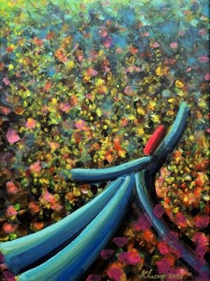 Khusro Subzwari Whirling Dervish 2023 oil on canvas 12x16 inches SOLD OUT, Sufi dervish turquoise robe pointillist background red topi Pakistani artist