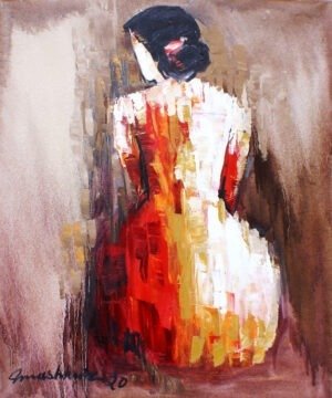 Mashkoor Raza Crimson Silhouette 24x30 in oil on canvas, woman back view red white dress black hair abstract figure Pakistani artist