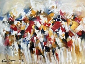 mashkoor-raza-festival-of-forms-oil-canvas-36×48-abstract Mashkoor Raza Festival of Forms 36x48 in oil on canvas, red yellow white blue black abstract expressionist painting with drips Pakistani artist