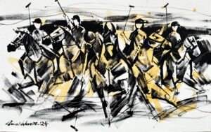 mashkoor-raza-golden-polo-charge-oil-canvas-30x48 Mashkoor Raza Golden Polo Charge 30x48 in oil on canvas, five polo players horses mallets black white gold ochre luxury sport painting Pakistani artist
