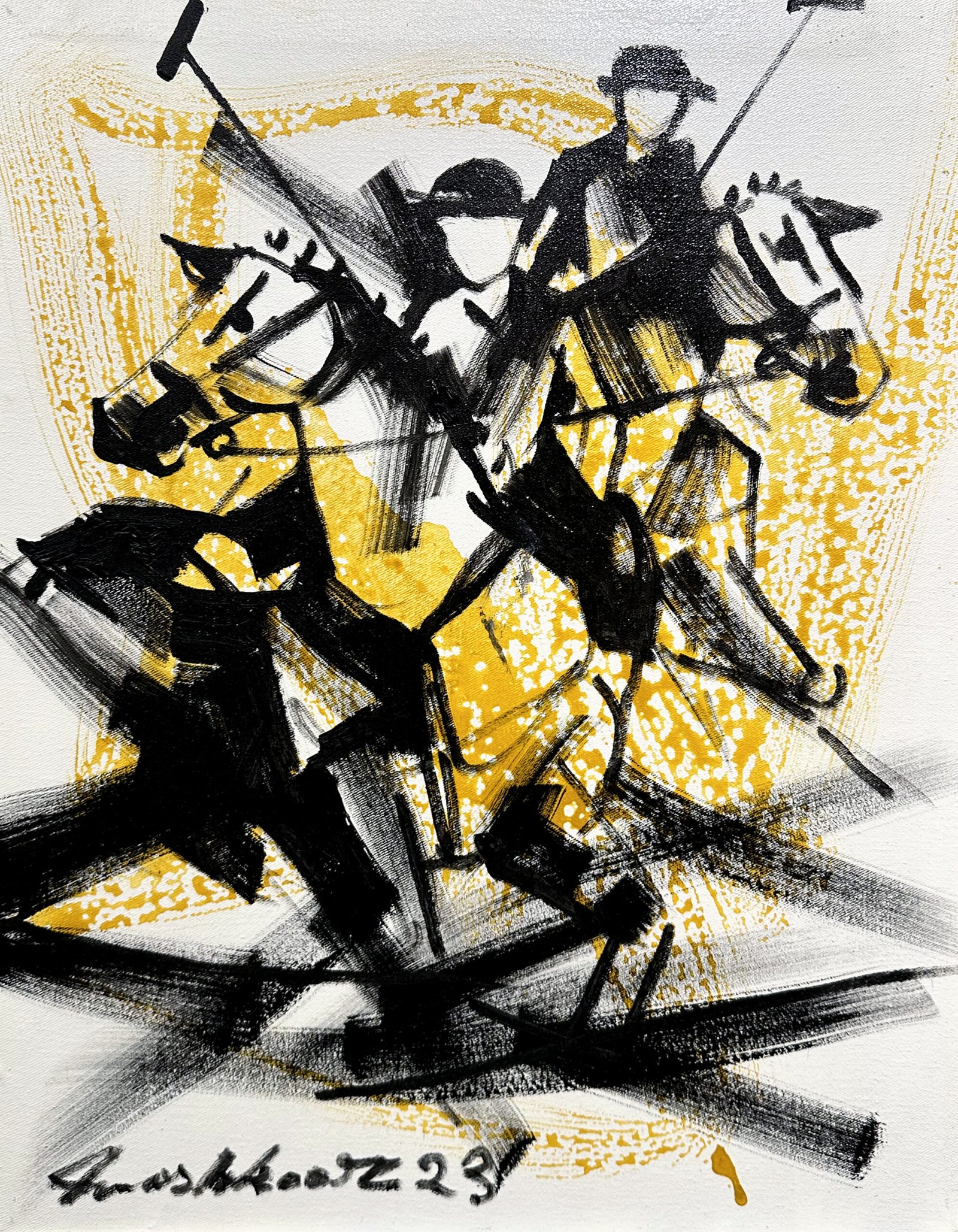 mashkoor-raza-golden-polo-duo-oil-canvas-14x18 Mashkoor Raza Golden Polo Duo 14x18 in oil on canvas, two polo players horses mallets black on gold ochre overlapping action cubist sport study Pakistani artist