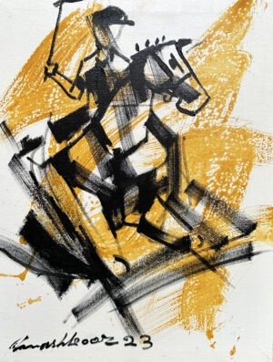 mashkoor-raza-golden-polo-rider-oil-canvas-14x18 Mashkoor Raza Golden Polo Rider 14x18 in oil on canvas, single polo player horse mallet black on gold ochre cubist planes sport study Pakistani artist