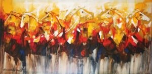 mashkoor-raza-golden-stampede-oil-canvas-36x72-large Mashkoor Raza Golden Stampede 36x72 in oil on canvas, abstract horses yellow orange red cubist expressionist Pakistani artist