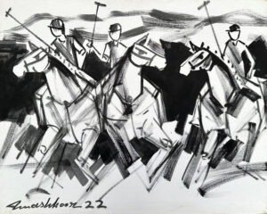 mashkoor-raza-ink-polo-sketch-oil-canvas-24x30-bw Mashkoor Raza Ink Polo Sketch 24x30 in oil on canvas, three polo players horses mallets black white gestural monochrome Pakistani artist