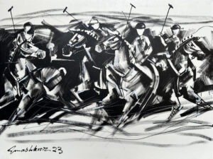 mashkoor-raza-monochrome-polo-rush-oil-canvas-36x48-bw Mashkoor Raza Monochrome Polo Rush 36x48 in oil on canvas, four polo players horses mallets black white cubist sport painting Pakistani artist