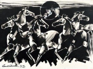 mashkoor-raza-nocturnal-stampede-oil-canvas-36x48-bw Mashkoor Raza Nocturnal Stampede 36x48 in oil on canvas, four black and white horses dark sun moon monochrome expressionist Pakistani artist