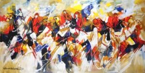 mashkoor-raza-polo-charge-oil-canvas-36x72-large Mashkoor Raza Polo Charge 36x72 in oil on canvas, abstract polo players red uniforms galloping horses cubist sport painting Pakistani artist