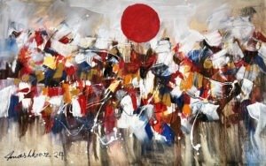 Mashkoor Raza Red Sun Gathering 30x48 in oil on canvas, red sun white splatters red blue yellow ochre abstract expressionist Pakistani artist