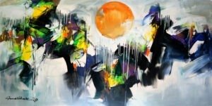mashkoor-raza-solar-abstraction-oil-canvas-36x72-large Mashkoor Raza Solar Abstraction Oil on Canvas 36x72 inches Large Abstract