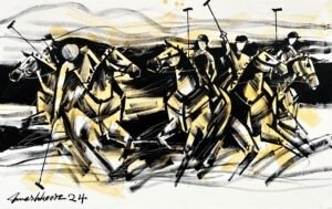 mashkoor-raza-sunlit-polo-momentum-oil-canvas-30x48 Mashkoor Raza Sunlit Polo Momentum 30x48 in oil on canvas, four polo players horses mallets black white gold ochre open sky luxury sport Pakistani artist