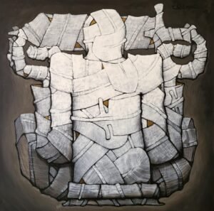 qamar-siddiqui-abstract-bandaged-figures-acrylic-on-canvas-48x48 Qamar Siddiqui Abstract Bandaged Figures Acrylic On Canvas 48x48, original Pakistani contemporary artwork of two abstract figures in bandaged form on dark background