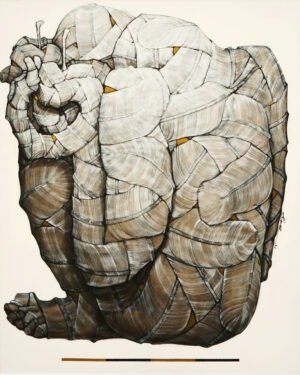 qamar-siddiqui-abstract-wrapped-form-acrylic-on-canvas-48x60 Qamar Siddiqui Abstract Wrapped Form Acrylic On Canvas 48x60, original Pakistani contemporary artwork of monumental abstract interwoven layered forms in beige and brown