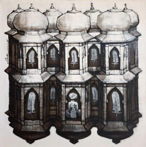 qamar-siddiqui-architectural-domes-acrylic-on-canvas-36x36 Qamar Siddiqui Architectural Domes Acrylic On Canvas 36x36, original Pakistani contemporary artwork of monochrome domed architecture with arches and figure