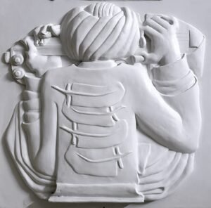 Qamar Siddiqui Back View Musician Relief Fiber Glass 30x36, original Pakistani contemporary 3D wall art of turbaned figure playing instrument in monochrome white