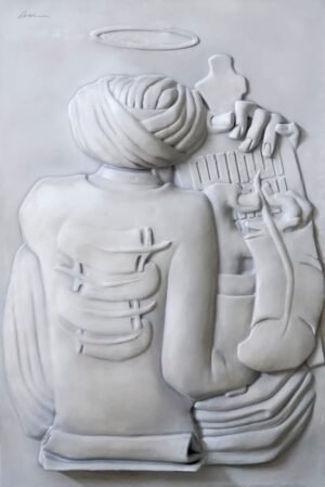 Qamar Siddiqui Back View Scholar Relief Fiber Glass 24x36, original Pakistani contemporary 3D wall art of turbaned figure holding book with halo in monochrome white