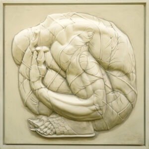 Qamar Siddiqui Bandish 52x52 fiber glass relief sculpture, original Pakistani contemporary 3D wall art of bound contemplative figure in monochrome