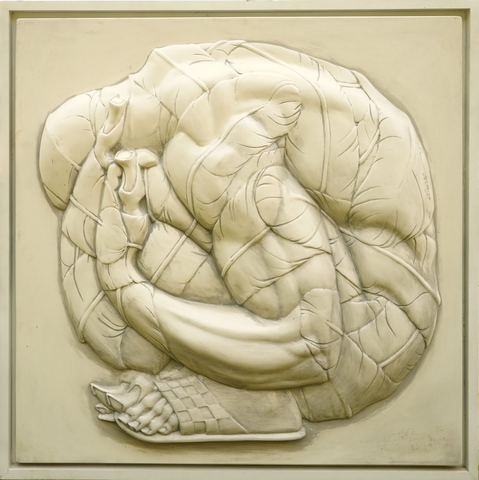 Qamar Siddiqui Bandish 52x52 fiber glass relief sculpture, original Pakistani contemporary 3D wall art of bound contemplative figure in monochrome