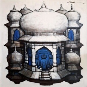 qamar-siddiqui-blue-dome-architecture-acrylic-on-canvas-36x36 Qamar Siddiqui Blue Dome Architecture Acrylic On Canvas 36x36, original Pakistani contemporary artwork of white domed structure with blue arches and figures