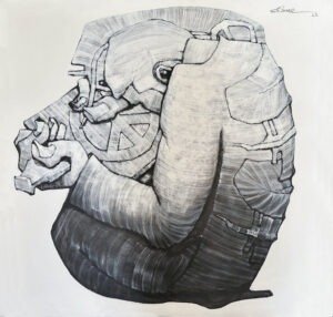 Qamar Siddiqui Dua e Aman Prayer for Peace 48x48 acrylic on canvas, original Pakistani contemporary artwork of figure in prayer with peace symbol and layered textures in monochrome