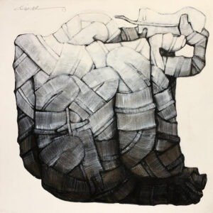 qamar-siddiqui-monochrome-wrapped-form-acrylic-on-canvas-24x24 Qamar Siddiqui Monochrome Wrapped Form Acrylic On Canvas 24x24, original Pakistani contemporary artwork of abstract layered form in black white and grey tones
