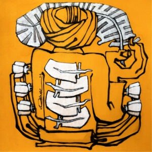 Qamar Siddiqui Orange Abstract Wrapped Form Acrylic On Canvas 24x24, original Pakistani contemporary artwork of bold abstract layered wrapped forms on orange background