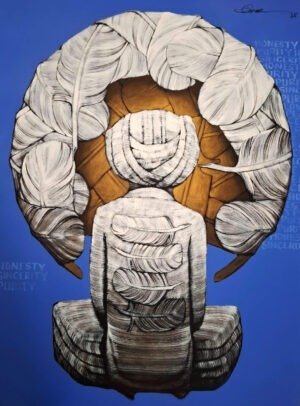 Qamar Siddiqui Prayer Figure Feather Halo 36x48 acrylic on canvas, original Pakistani contemporary artwork of back view figure in prayer with white feather layers and gold halo on royal blue background