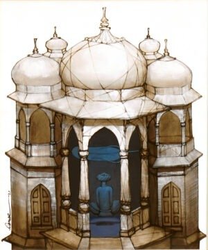 qamar-siddiqui-seated-figure-dome-acrylic-on-canvas-30x36 Qamar Siddiqui Seated Figure Dome Acrylic On Canvas 30x36, original Pakistani contemporary artwork of domed architectural structure with seated blue figure inside