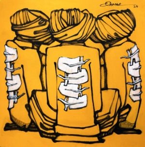 Qamar Siddiqui Three Figures Orange Abstract Acrylic On Canvas 24x24, original Pakistani contemporary artwork of three abstract wrapped figures in bold orange with graphic outlines